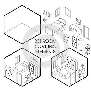 Bedroom interior creator vector isometric thin line elements