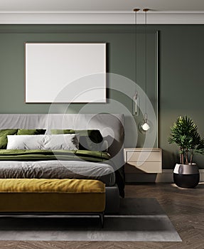 Bedroom interior in dark green style, art canvas mockup, 3d rendering