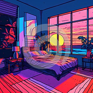 Bedroom interior design. Bedroom with bed, night view, palm tree, sun and sea. Vector illustration