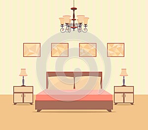 Bedroom interior design in flat style including bed, table, lamps, nightstands and picture frames.