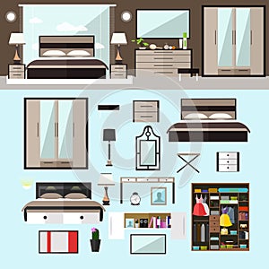 Bedroom interior in flat style. Vector illustration. House room design elements and icons