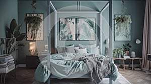Bedroom interior with a four-poster bed and a calming palette