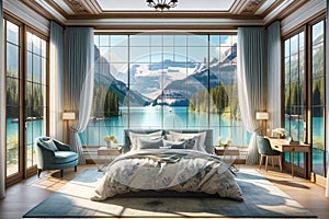 Bedroom interior with glass walls and views of the mountains and lake