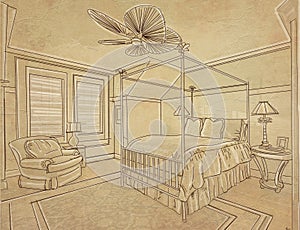 Bedroom interior graphic black white sketch illustration  hand drawn line art