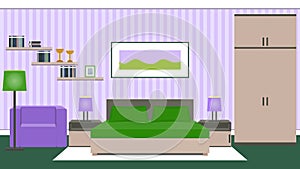 Bedroom interior in green and violet colors. Vector illustration.