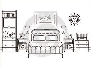 Bedroom interior. Hotel room with double bed. Vector illustration.