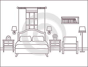 Bedroom interior. Hotel room with double bed. Vector illustration.