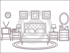 Bedroom interior. Hotel room with double bed. Vector illustration.