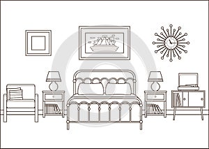 Bedroom interior. Hotel room with double bed. Vector illustration.