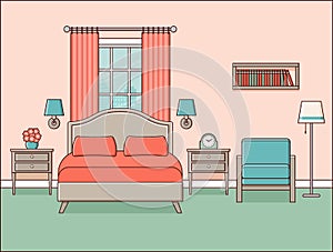 Bedroom interior. Hotel room. Retro apartment. Vector illustration