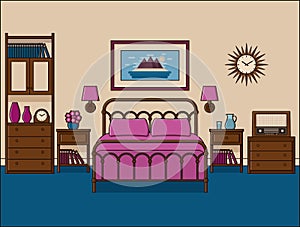 Bedroom interior. Hotel room in retro design. Vector illustration.