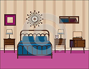 Bedroom interior. Hotel room in retro design. Vector illustration.