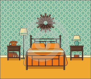 Bedroom interior. Hotel room in retro design. Vector illustration.