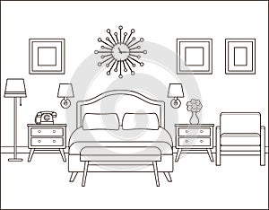 Bedroom interior. Hotel room in retro design. Vector illustration.