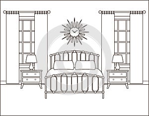 Bedroom interior. Hotel room in retro design. Vector illustration.