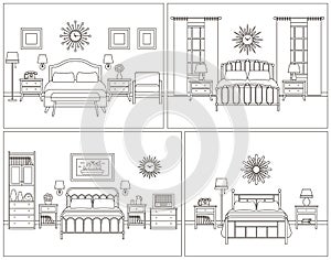 Bedroom interior. Hotel room in retro design. Vector illustration.