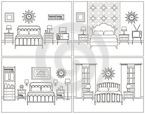 Bedroom interior. Hotel room in retro design. Vector illustration.