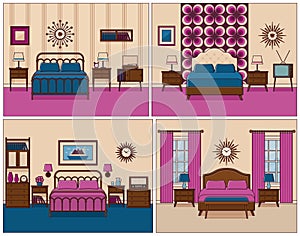 Bedroom interior. Hotel room in retro design. Vector illustration.
