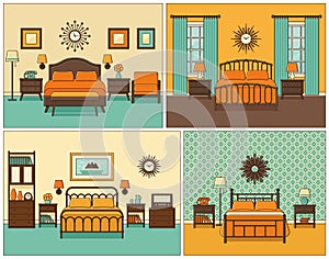 Bedroom interior. Hotel room in retro design. Vector illustration.