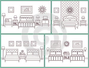 Bedroom interior. Hotel room in retro design. Vector illustration.