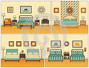Bedroom interior. Hotel room in retro design. Vector illustration.