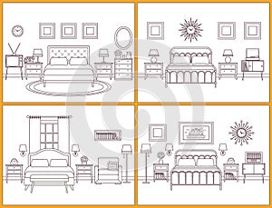 Bedroom interior. Hotel room in retro design. Vector illustration.