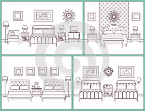 Bedroom interior. Hotel room in retro design. Vector illustration