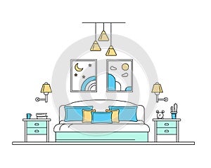 Bedroom Interior Inside Concept Contour Linear Style. Vector