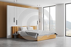 bedroom interior with a large bed, panoramic windows, and a scenic view, minimalistic style, light background. 3D Rendering