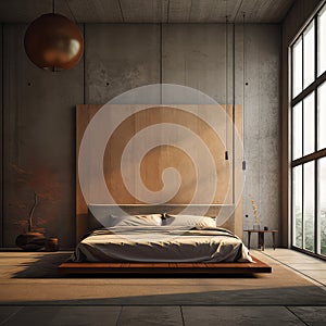 Bedroom interior in minimalist Scandinavian style, wood, daylight from the windows from recht