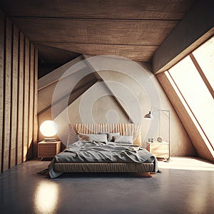 Bedroom interior in minimalist Scandinavian style, wood, natural materials, daylight from the windows from recht