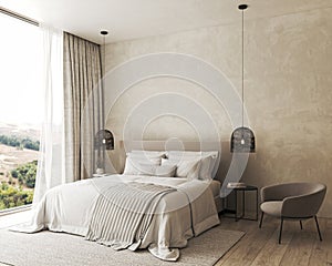 Bedroom interior mockup in boho style with fringed blanket, pillows, white bedding, dried pampas grass, basket lamp and