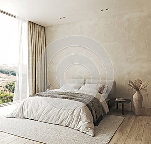 Bedroom interior mockup in boho style with fringed blanket, pillows, white bedding, dried pampas grass, basket lamp and