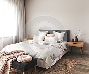 Bedroom interior mockup in boho style with wooden floor and table. Black bed with white blanket, pink pillows and