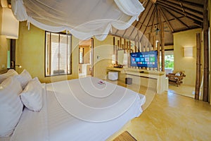 bedroom Interior of modern house with a swimming pool, modern pool villa at the beach, luxury villa