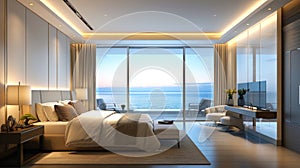 Bedroom interior with ocean view at sunset