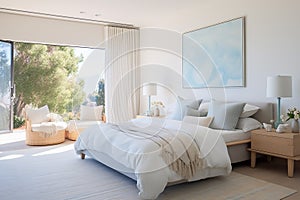 Bedroom Interior with Pastel Blue Shades. Frame Mockup. Copy Space. Generative AI