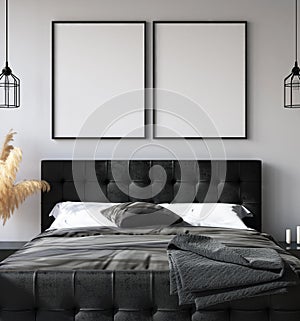 Bedroom interior with poster mockup, modern style