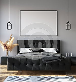 Bedroom interior with poster mockup, modern style