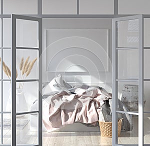 Bedroom interior with poster mockup, Scandinavian style