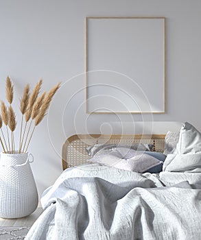 Bedroom interior with poster mockup, Scandinavian style photo