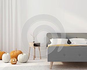 Bedroom interior with pumpkins. Decoration for Halloween