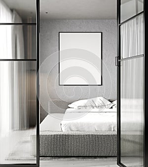 Bedroom interior space with mock up big poster on concrete background wall, 3d render, 3d illustration