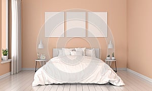 Bedroom interior and three empty photo frame for mockup, 3D rendering