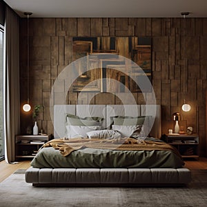 Bedroom interior with timber pattern bed head
