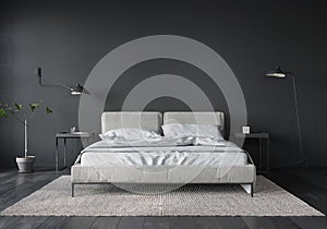 Bedroom interior with white bed and dark gray wall