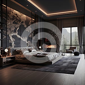 a bedroom with a large bed and a fireplace Contemporary interior Master Bedroom with Charcoal Gray