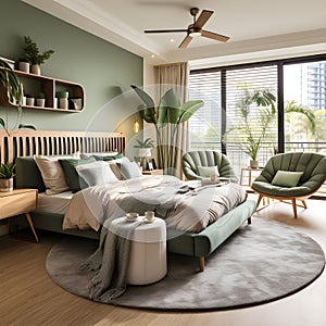 a bedroom with a large bed and a green chair Scandinavian interior Master Bedroom with Forest Green