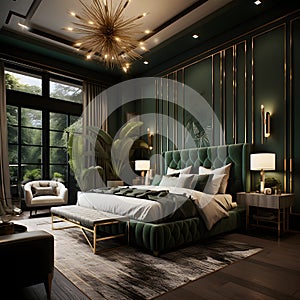 a bedroom with a large bed and a green wall Hollywood Glam interior Master Bedroom with Forest Green