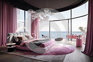 A bedroom with a large bed and a pink rug. AI generative image.